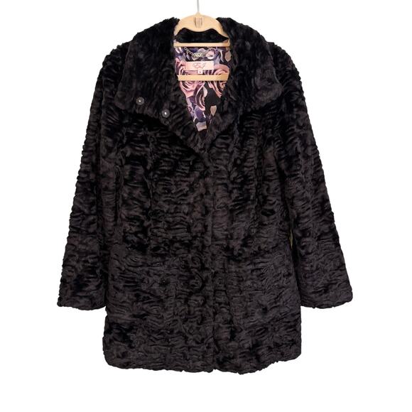 Eliza J Faux Fur Coat Womens Medium Black Teddy Snap Cozy Winter Floral Lined